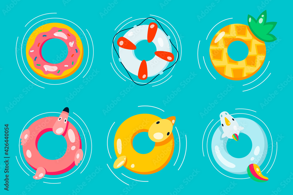 Rubber or inflatable ring vector set isolated from the background. Colorful icons swim ring in a flat style. Symbols vacation or holiday Rubber or inflatable ring vector set isolated from the background. Colorful icons swim ring in a flat style. Symbols vacation or holiday