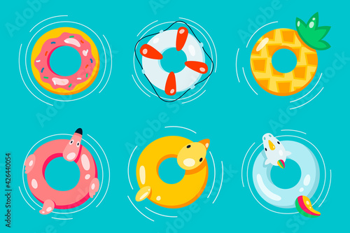 Rubber or inflatable ring vector set isolated from the background. Colorful icons swim ring in a flat style. Symbols vacation or holiday