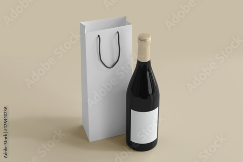 Red Wine Bottle and Shopping Bag with Empty Label photo