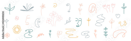 Cute cover design elements. Hand drawn line art floral shapes. Abstract form background. Organic shapes. Social media minimal stylish templates. Kids doodle room decoration. Vector illustration