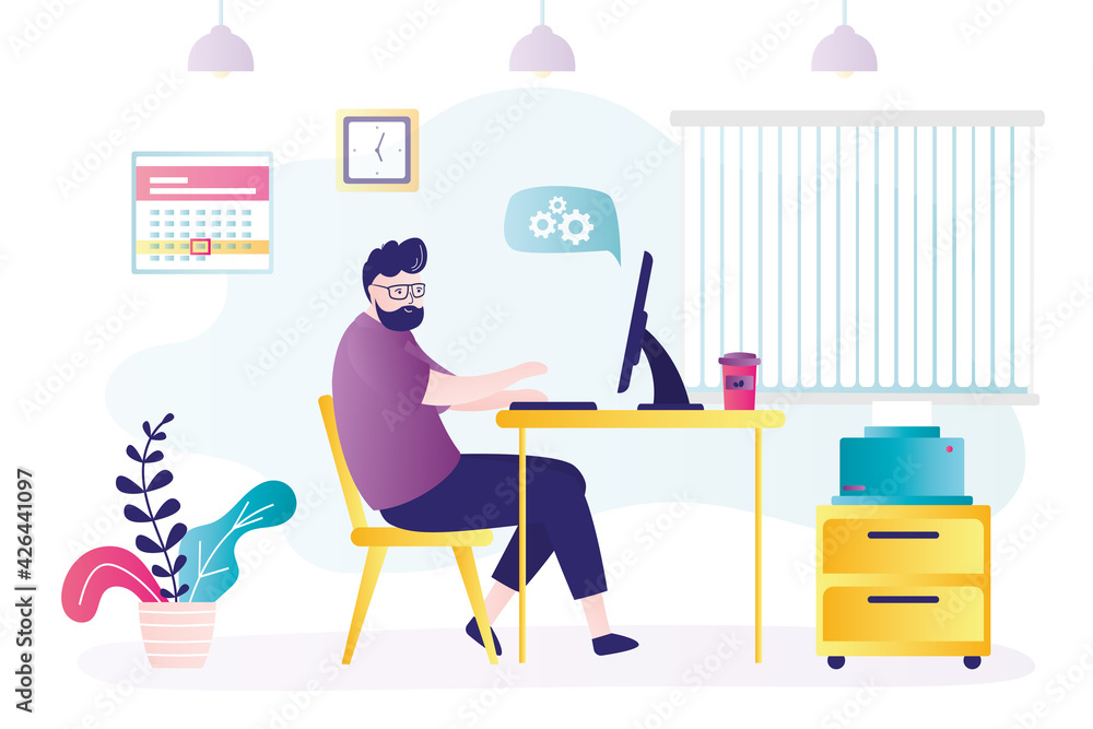 Businessman sits at workplace. Handsome man works. Caucasian manager sitting at desk and working on pc computer. Employee works hard. Businessman sits at workplace. Handsome man works. Caucasian manager sitting at desk and working on pc computer. Employee works hard.