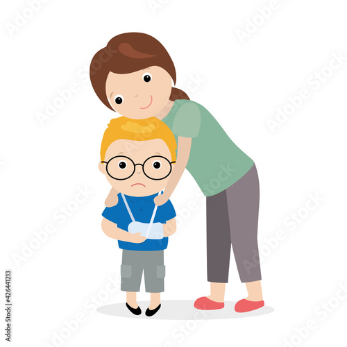 Unhappy boy with broken arm. Mom hugs sad child. First aid for trauma, arm in cast. Health care.