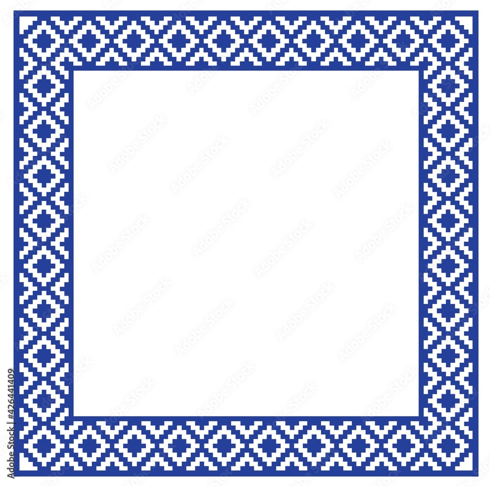Traditional Slavic Belarusian embroidery frame. Blue national textile design. White background template. Traditional Slavic Belarusian embroidery frame. Blue national textile design. White background template.