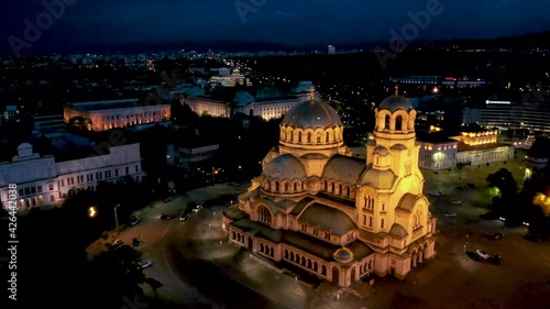 Night aerial view of Alexander Nevski cathedral in Sofia, Bulgaria photo