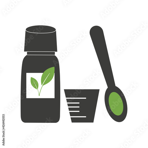Vegetable cough syrup. A bottle of medicine, a measuring spoon and a cup. Black silhouette isolated on white background