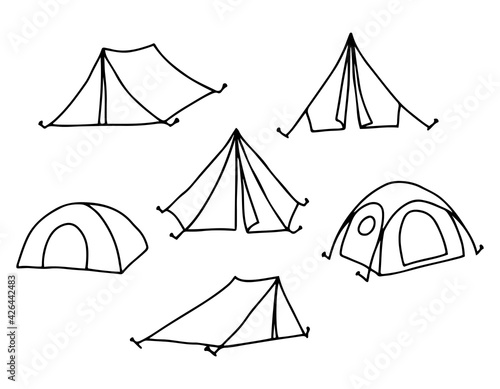 Camping tent set. Hiking, travel, camping.  Camping equipment for camping. Drawn by contour on a white background in doodle style. Vector.