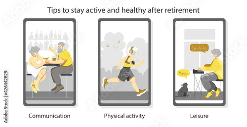 A set of isolated vector images in trendy color scheme. Mobile application for social activity after retirement. Elderly people staying active and fit. App for modern pensioners who want to socialise.