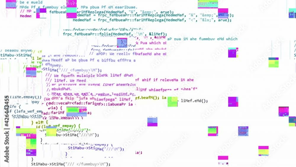 A complex messy source code scrolling animation: scrambled characters ...
