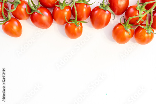 Branch of fresh cherry tomatoes isolated on white background with copy text on bottom