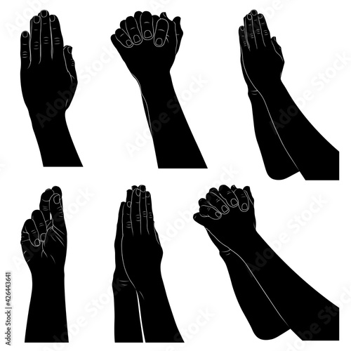 Set of different praying hands silhouettes isolated on white
