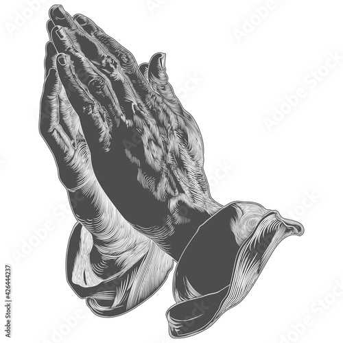 Vector design of outline hands together praying, outline of praying priest hands, all on white background