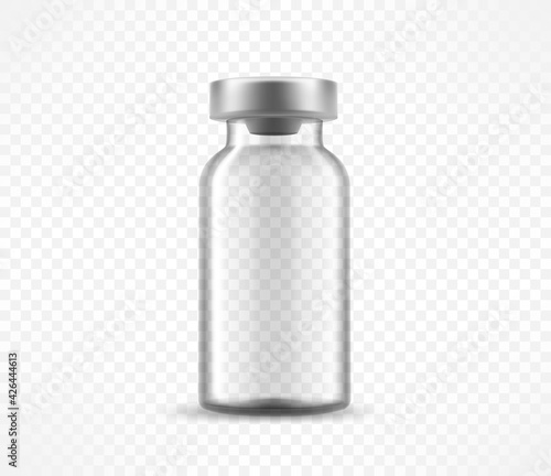 Empty vaccine glass bottle on transparent background