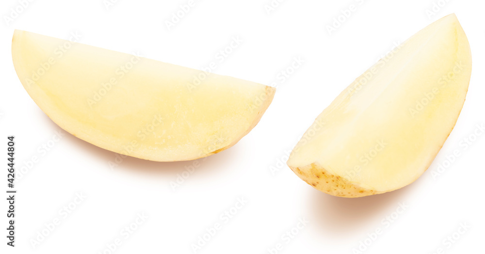 Potato cut into wedges, washed and with skin. Isolated on white background. Potato cut into wedges, washed and with skin. Isolated on white background.
