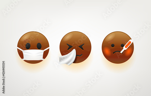 Brown faces with termometer and handkerchief vector pack. Illness