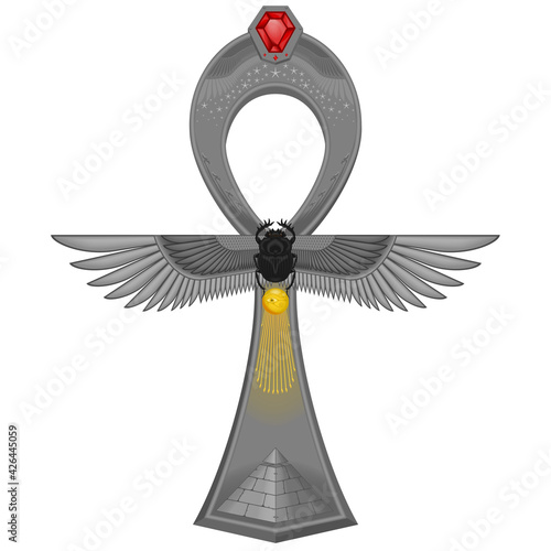Vector design of threaded cross, symbol of ancient Egypt decorated ankh, eye of horus