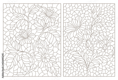 Set of contour illustrations in stained glass style with abstract flowers, dark outlines on a white background