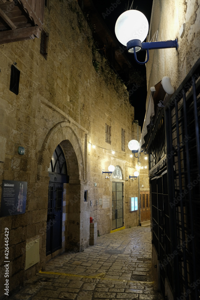 Tel Aviv area. A short walk in small alleys at Old Jaffa at night. 