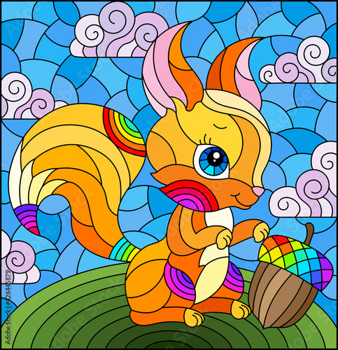 Illustration in the style of a stained glass window with a cute cartoon squirrel on the background of a green meadow and a cloudy sky