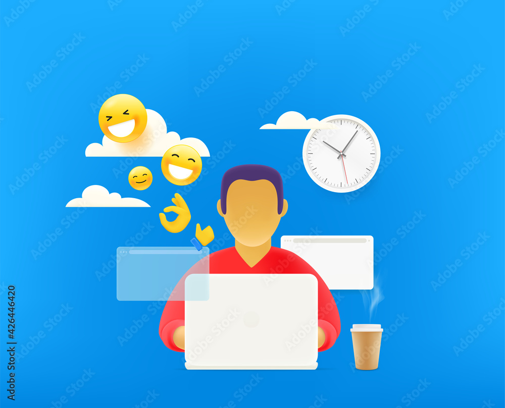 Social media user. Man working with people. 3d style cute illustration Social media user. Man working with people. 3d style cute illustration