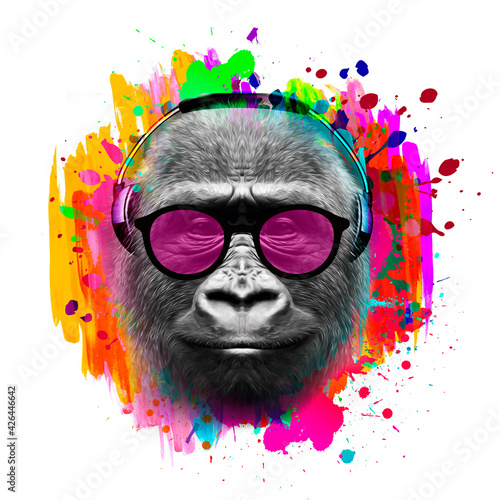 Sticker gorilla monkey head with eyeglasses and headphones with creative colorful abstra