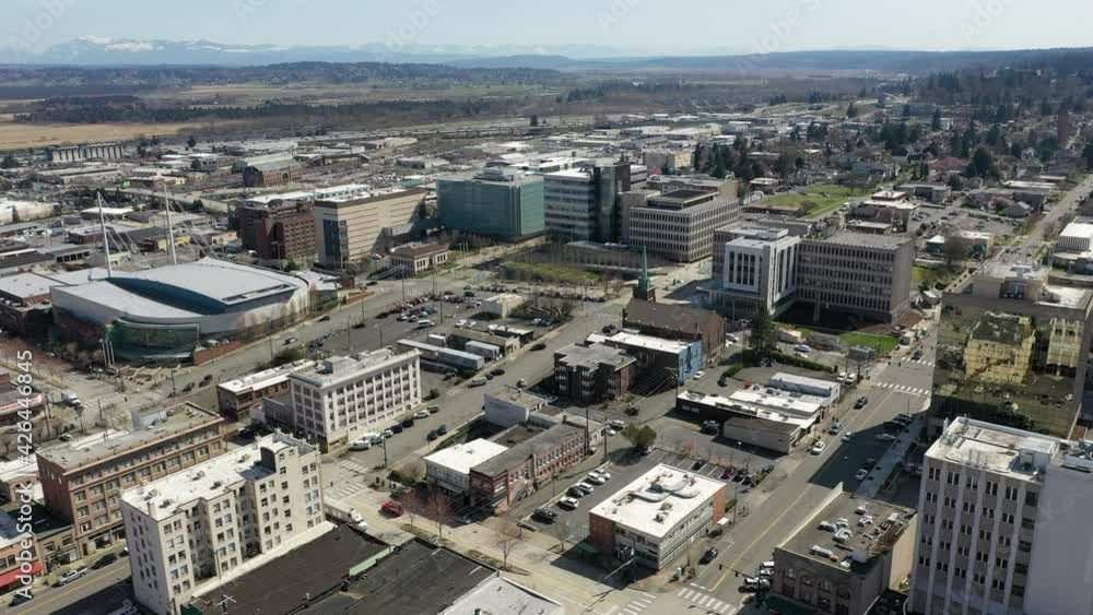 Cinematic drone clip of downtown Everett, XFINITY Community Ice Rink, Angel of the Winds Arena surrounding suburbs, bedroom communities North of Seattle on the shores of Puget Sound in Washington Cinematic drone clip of downtown Everett, XFINITY Community Ice Rink, Angel of the Winds Arena surrounding suburbs, bedroom communities North of Seattle on the shores of Puget Sound in Washington