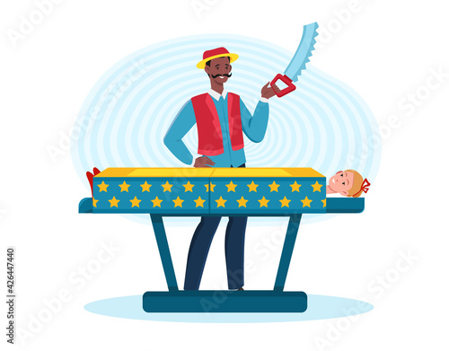 Male smiling magician with a saw preparing to saw a box with woman inside