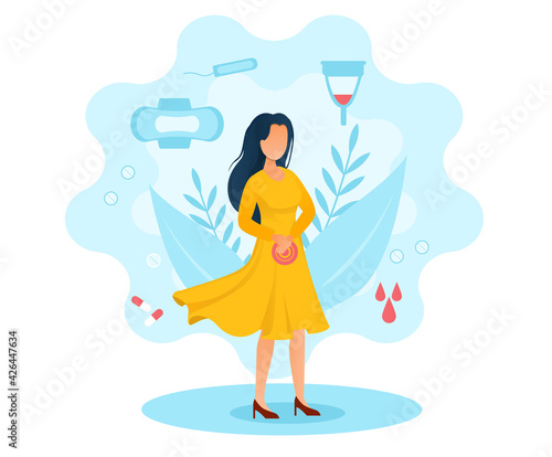 Female character in yellow dress is suffering from menstruation pains