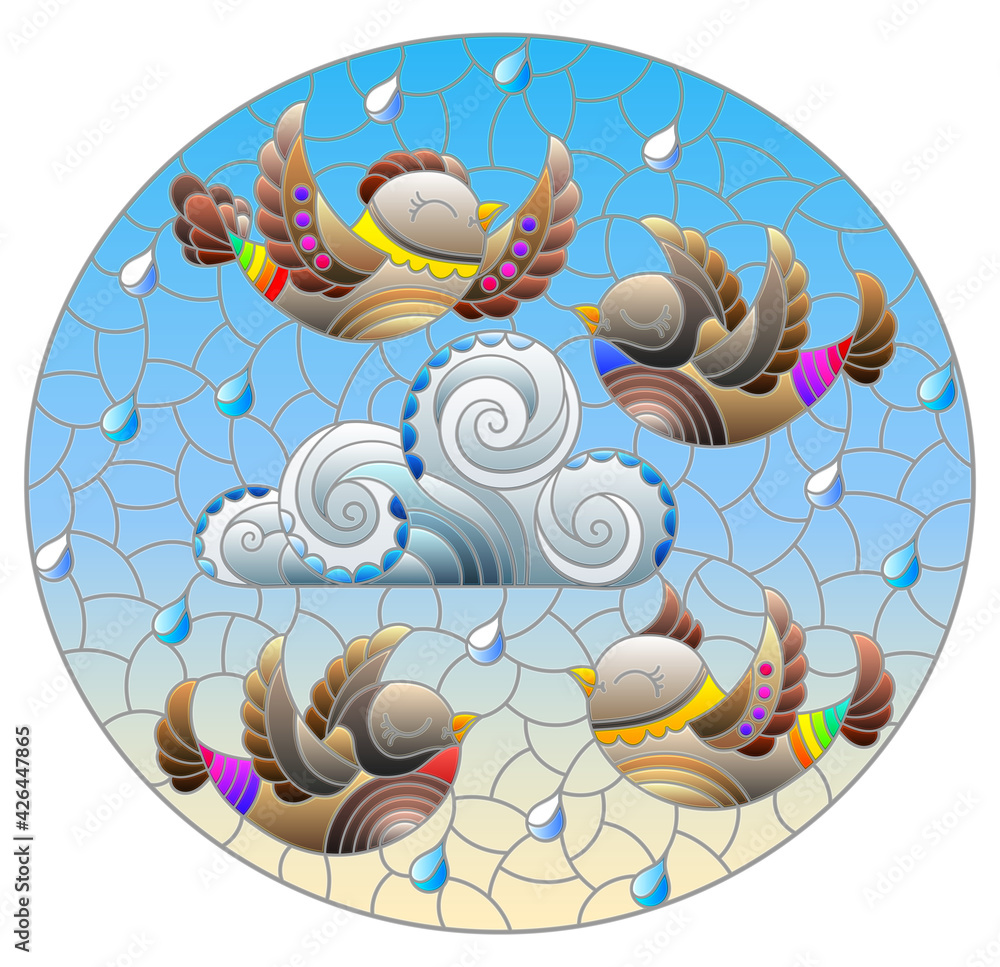 Illustration in stained glass style with bright cute birds and a cloud on a background of blue sky and raindrops, oval image