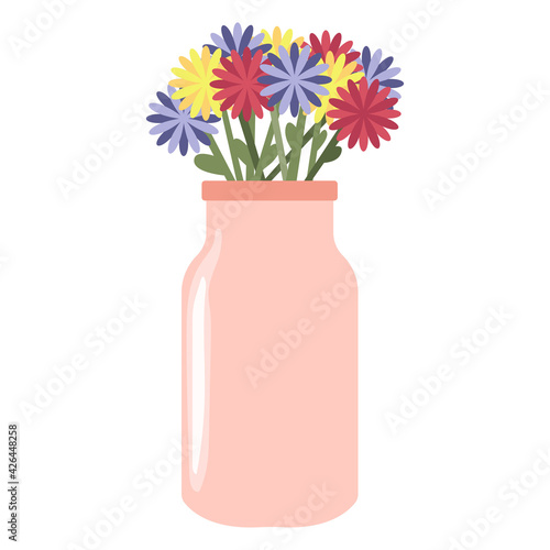Colorful chamomile in beautiful vase. Floral vase. Blooming spring flowers. Flowers for celebration. Vector illustration isolated on white background