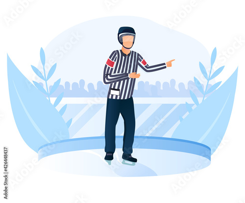 Male hockey referee in helmet on ice stopped the game