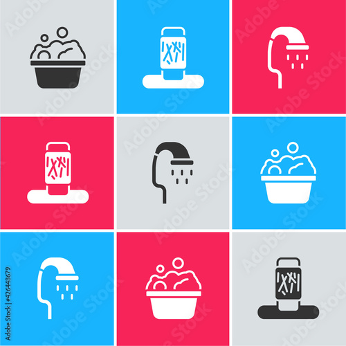 Set Pets bath, Cat scratching post and shower icon. Vector