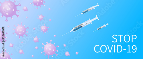 Vaccine syringes are about to hit viral cells. Concept banner of vaccine Stop Coronavirus. Preparing for global vaccination against Coronavirus. Immunization campaign concept.
