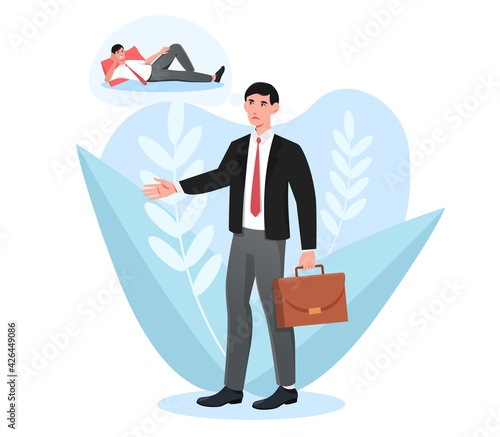 Tired sleepy male character with briefcase is walking to work