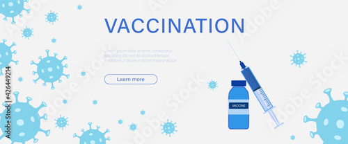 Vaccination banner background. Syringe with vaccine bottle and virus cells. Virus protection concept. Concept banner of vaccine Stop Coronavirus. 