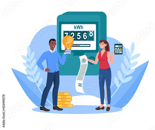 Male and female characters are paying utilities together