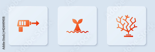 Set Whale tail in ocean wave, Fishing harpoon and Coral. White square button. Vector