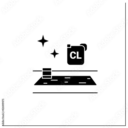 Swimming pool disinfection glyph icon. Water chlorination.Public spaces and surfaces disinfection. Safety space and preventative measures.Filled flat sign. Isolated silhouette vector illustration