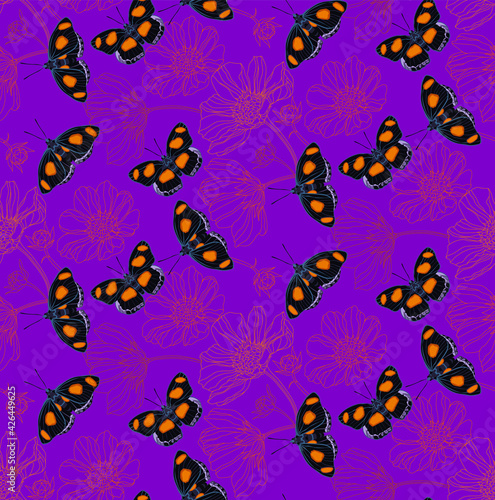 Flowers and butterflies in vintage style, seamless pattern. © Lana