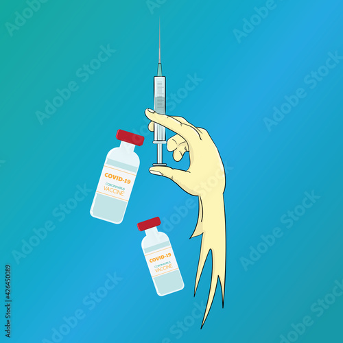 hand holding syringe vaccine to fight coronavirus.