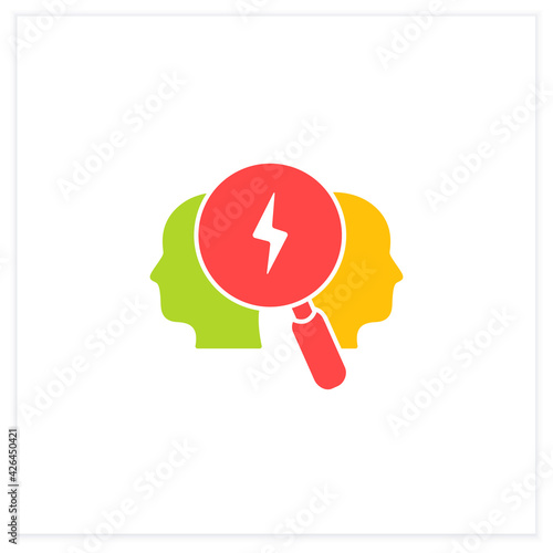 Conflict analysis flat icon. Search conflict causes. Dispute between colleagues. Disagreement at work. Misunderstanding concept.Vector illustration