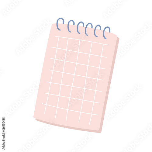 Vector illustration of pink notebook or notepad with spiral. Isolated on white background. Cute cartoon artwork in flat doodle style. Open notepad with squared paper