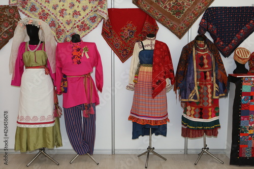 Dress in traditional national folk russian style. Ethnic fashion. Ancient russian costume. Exhibition 