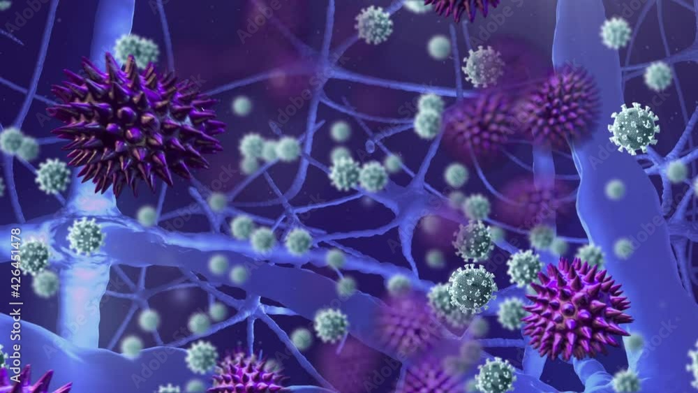 Animation of covid 19 floating over network of purple glowing neurons in background Animation of covid 19 floating over network of purple glowing neurons in background