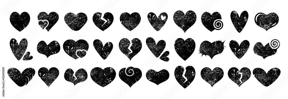 Fototapeta premium Grunge heart shapes collection. Different textured love symbols. Vector elements for design