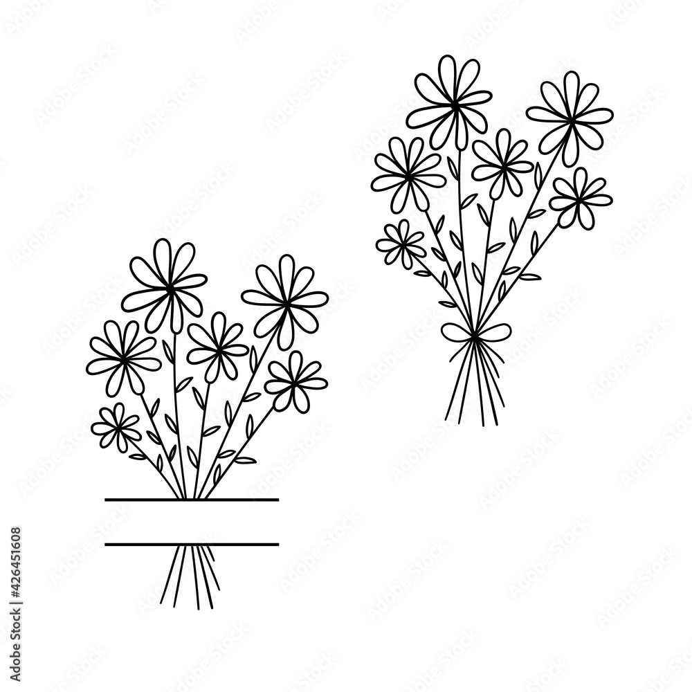 Floral bouquet. Bouquet of daisies. Outline drawing. Line vector illustration.  Isolated on white background. Design of invitations, wedding or greeting cards.