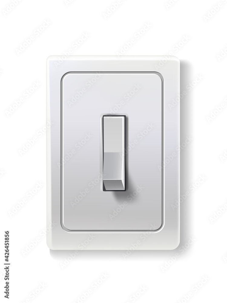 Switch with button. Electric power connector of square shape for light production vector illustration. Modern realistic household device isolated on white background Switch with button. Electric power connector of square shape for light production vector illustration. Modern realistic household device isolated on white background