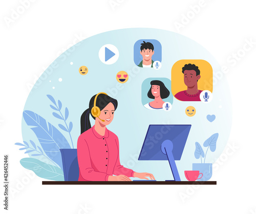 Chatting online concept. Vector illustration in a trendy flat style of a young pretty woman in headphones listening online stream of other people on a computer at the desk. Isolated on background 