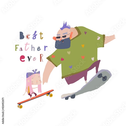 Cool father skateboarding with his little daughter