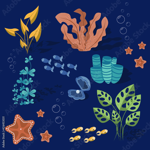 vector multicolored algae isolated. A set of blue and green underwater species, sea creatures, marine or oceanic flora and fauna.