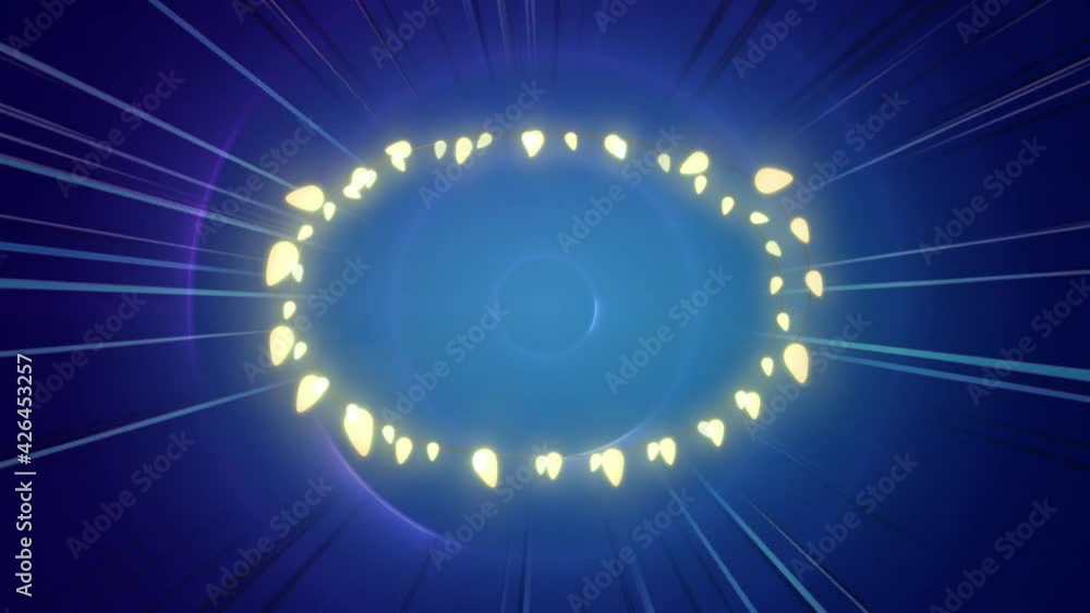 Animation of fairy lights forming oval frame with copy space on pulsating blue circles